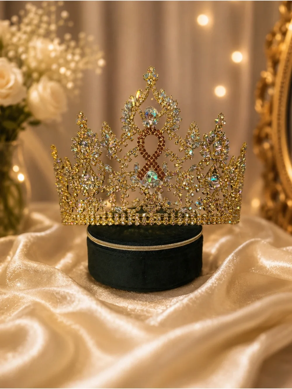 Gold pageant crown with pink cancer ribbon customization